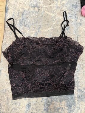 Free People Black Lace Cropped Cami with Pink Embroidery